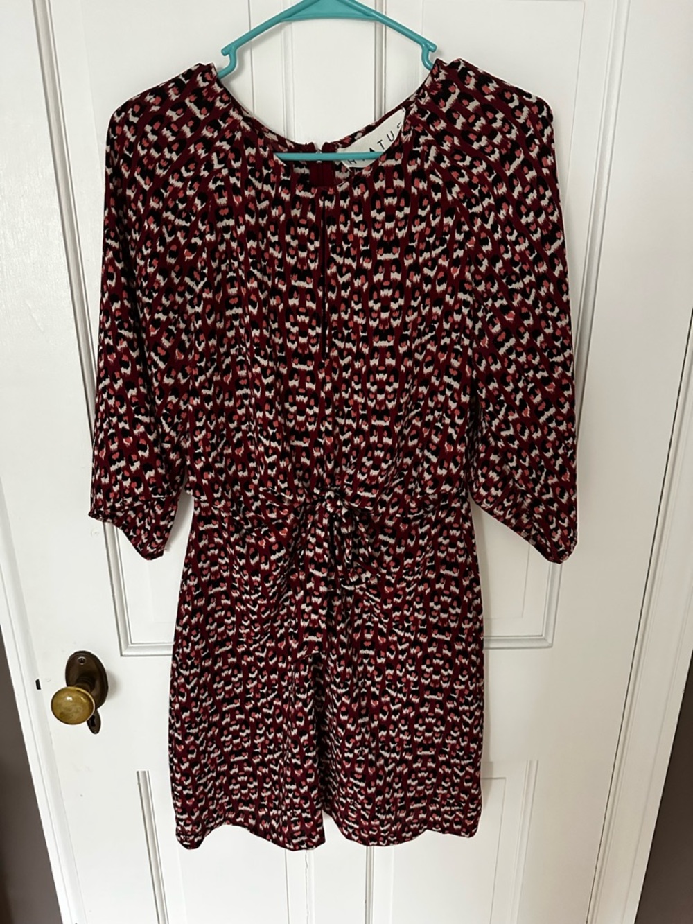 Women’s Burgundy Patterned Tie-Waist Dress